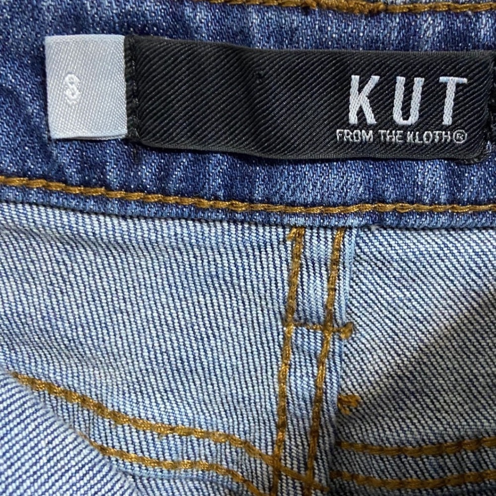 KUT from the Kloth Connie Denim Skirt Medium Wash Raw Hem Size 8 Distressed Slit - Picture 3 of 13